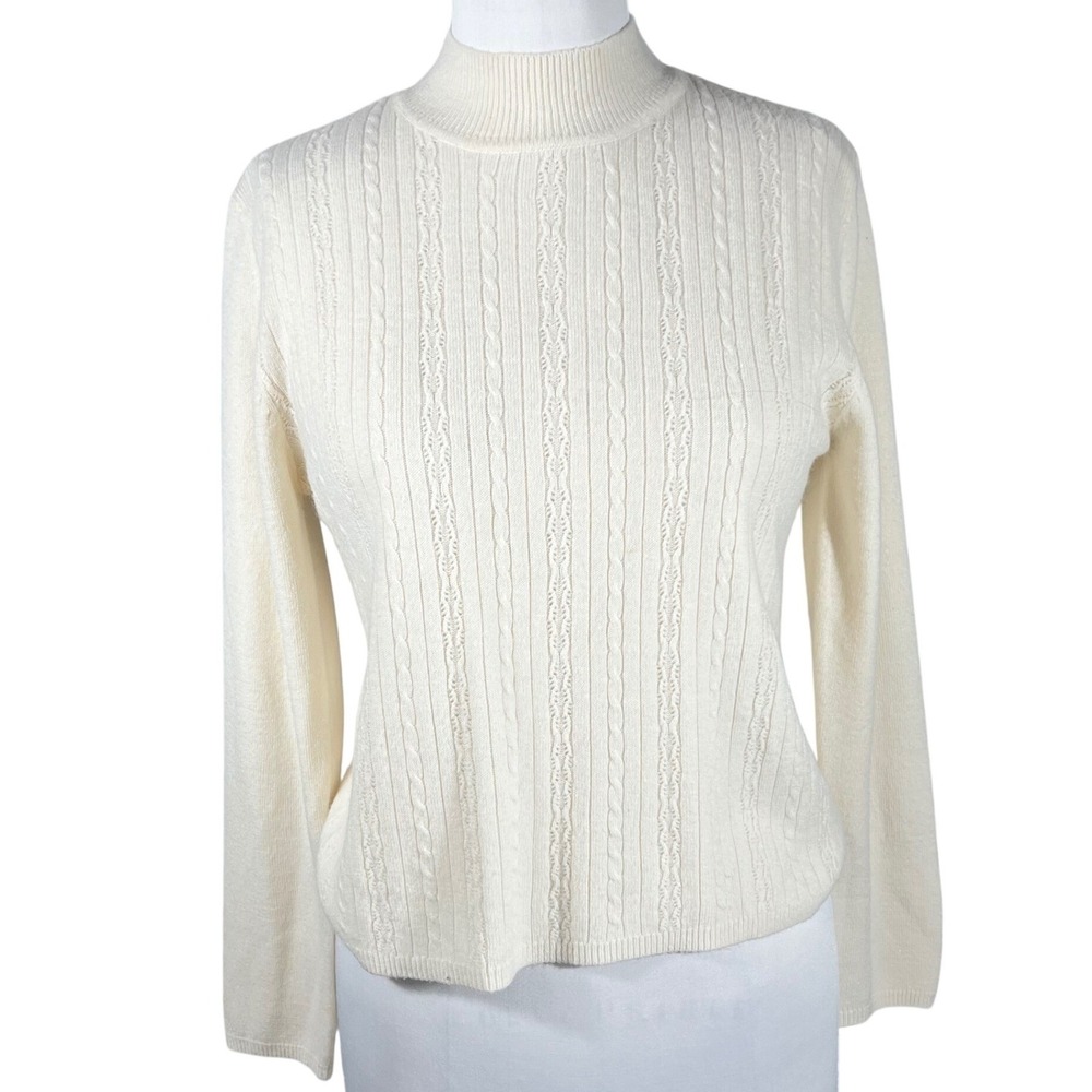 Vintage Koret Petites Cream‎ Cable Knit Mock Neck Zipper Back Sweater Small